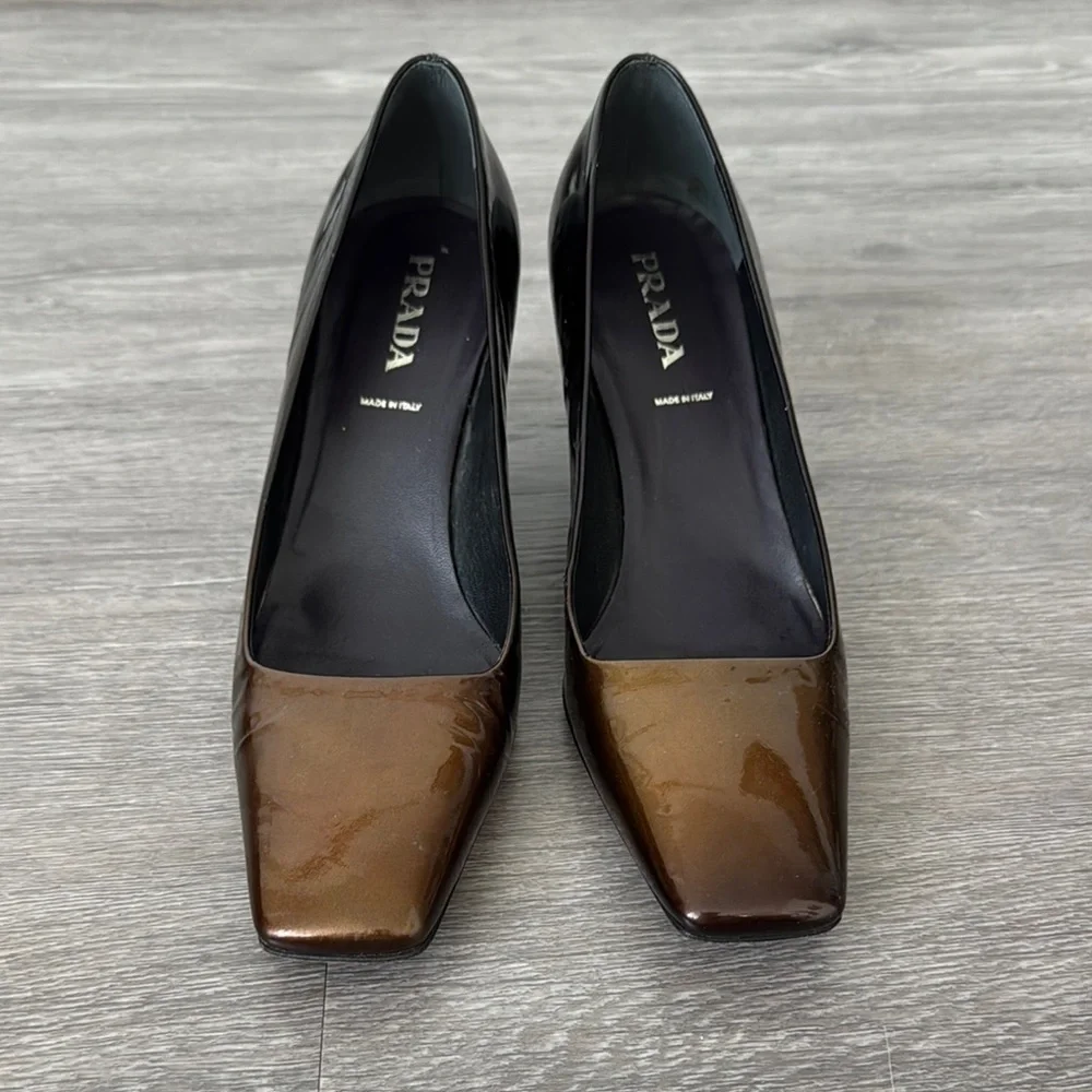 Prada Brown and Gold Ombré Patent Leather Square-Toed Heels